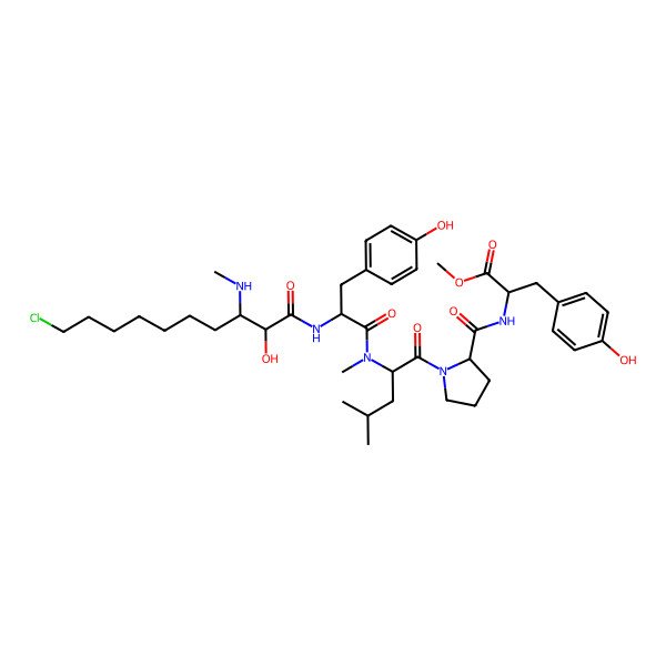 2D Structure of Methyl 2-[[1-[2-[[2-[[10-chloro-2-hydroxy-3-(methylamino)decanoyl]amino]-3-(4-hydroxyphenyl)propanoyl]-methylamino]-4-methylpentanoyl]pyrrolidine-2-carbonyl]amino]-3-(4-hydroxyphenyl)propanoate