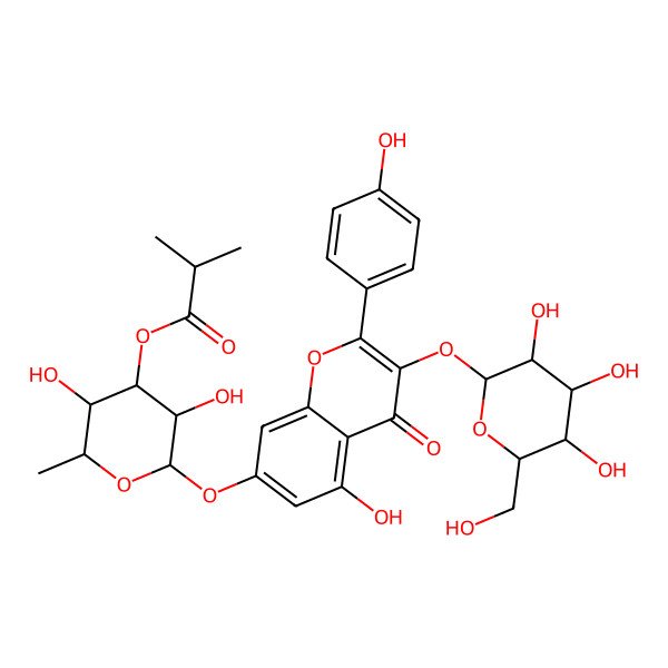 2D Structure of [(2S,3R,4R,5S,6S)-3,5-dihydroxy-2-[5-hydroxy-2-(4-hydroxyphenyl)-4-oxo-3-[(2S,3R,4S,5R,6R)-3,4,5-trihydroxy-6-(hydroxymethyl)oxan-2-yl]oxychromen-7-yl]oxy-6-methyloxan-4-yl] 2-methylpropanoate