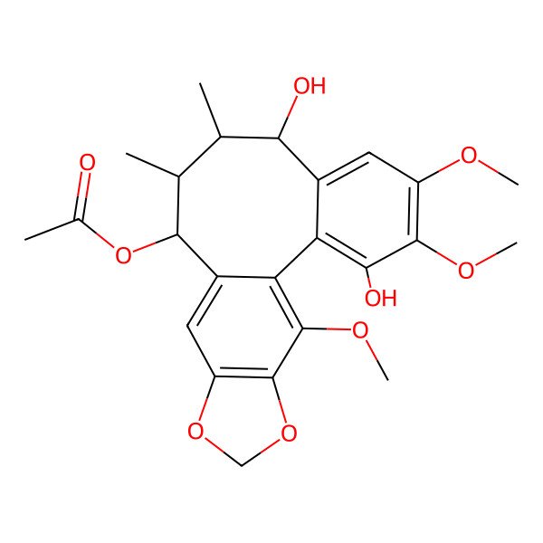 2D Structure of (3,8-Dihydroxy-4,5,19-trimethoxy-9,10-dimethyl-15,17-dioxatetracyclo[10.7.0.02,7.014,18]nonadeca-1(19),2,4,6,12,14(18)-hexaen-11-yl) acetate