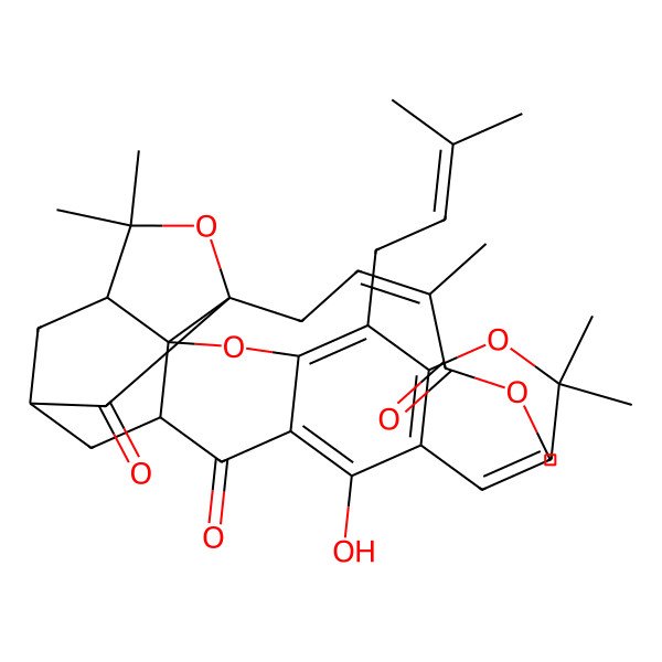 2D Structure of Methyl 4-[12-hydroxy-8,8,21,21-tetramethyl-5-(3-methylbut-2-enyl)-14,18-dioxo-3,7,20-trioxahexacyclo[15.4.1.02,15.02,19.04,13.06,11]docosa-4(13),5,9,11-tetraen-19-yl]-2-methylbut-2-enoate