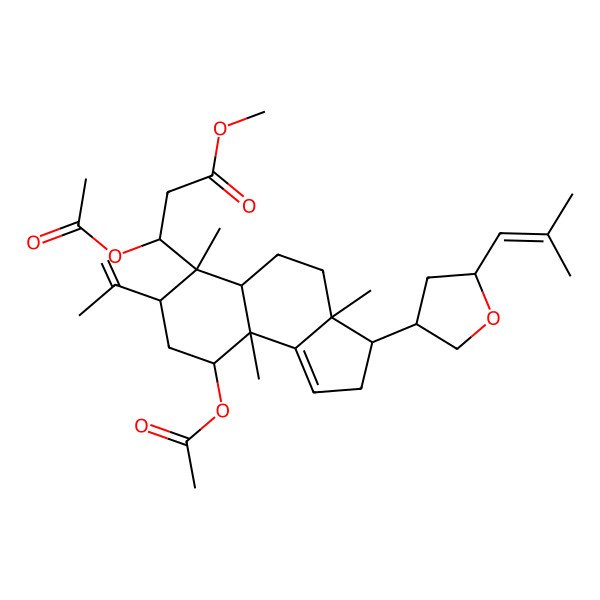2D Structure of methyl (3S)-3-[(3S,3aS,5aR,6S,7S,9R,9aR)-9-acetyloxy-3a,6,9a-trimethyl-3-[(3S,5S)-5-(2-methylprop-1-enyl)oxolan-3-yl]-7-prop-1-en-2-yl-2,3,4,5,5a,7,8,9-octahydrocyclopenta[a]naphthalen-6-yl]-3-acetyloxypropanoate