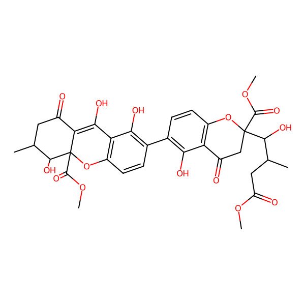 2D Structure of methyl 4,8,9-trihydroxy-7-[5-hydroxy-2-(1-hydroxy-4-methoxy-2-methyl-4-oxobutyl)-2-methoxycarbonyl-4-oxo-3H-chromen-6-yl]-3-methyl-1-oxo-3,4-dihydro-2H-xanthene-4a-carboxylate