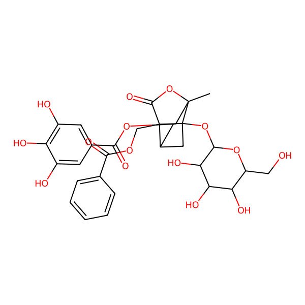 2D Structure of [9-(Benzoyloxymethyl)-6-methyl-8-oxo-1-[3,4,5-trihydroxy-6-(hydroxymethyl)oxan-2-yl]oxy-7-oxatricyclo[4.3.0.03,9]nonan-4-yl] 3,4,5-trihydroxybenzoate