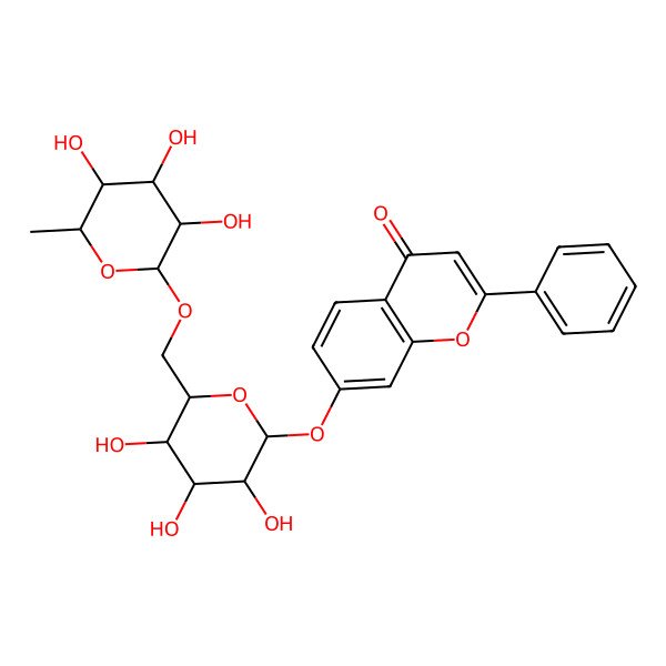 2D Structure of 2-Phenyl-7-[3,4,5-trihydroxy-6-[(3,4,5-trihydroxy-6-methyloxan-2-yl)oxymethyl]oxan-2-yl]oxychromen-4-one
