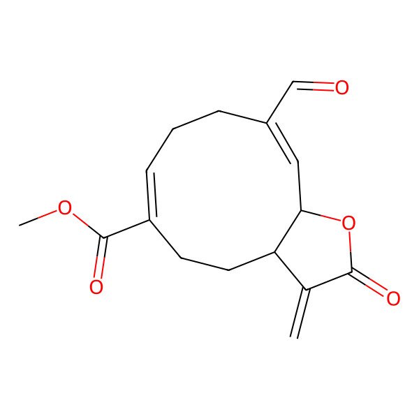 2D Structure of methyl (3aS,6E,10E,11aR)-10-formyl-3-methylidene-2-oxo-3a,4,5,8,9,11a-hexahydrocyclodeca[b]furan-6-carboxylate