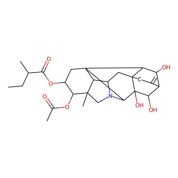 2D Structure of (4-Acetyloxy-9,10,19-trihydroxy-5-methyl-12-methylidene-7-azaheptacyclo[9.6.2.01,8.05,17.07,16.09,14.014,18]nonadecan-3-yl) 2-methylbutanoate