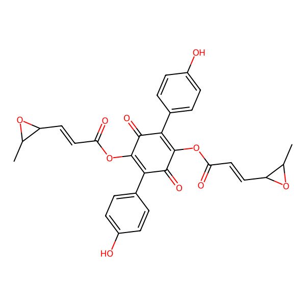 2D Structure of [2,5-Bis(4-hydroxyphenyl)-4-[3-(3-methyloxiran-2-yl)prop-2-enoyloxy]-3,6-dioxocyclohexa-1,4-dien-1-yl] 3-(3-methyloxiran-2-yl)prop-2-enoate