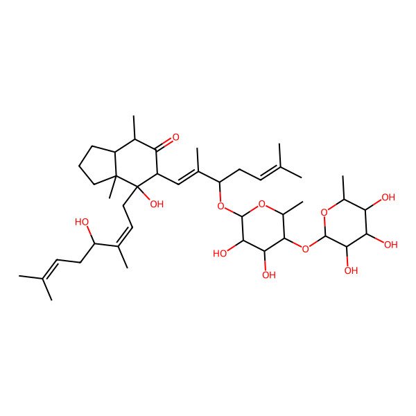 2D Structure of (3aS,4S,6R,7S,7aS)-6-[(1E,3S)-3-[(2R,3R,4R,5R,6R)-3,4-dihydroxy-6-methyl-5-[(2S,3R,4R,5R,6S)-3,4,5-trihydroxy-6-methyloxan-2-yl]oxyoxan-2-yl]oxy-2,6-dimethylhepta-1,5-dienyl]-7-hydroxy-7-[(2E,4R)-4-hydroxy-3,7-dimethylocta-2,6-dienyl]-4,7a-dimethyl-1,2,3,3a,4,6-hexahydroinden-5-one