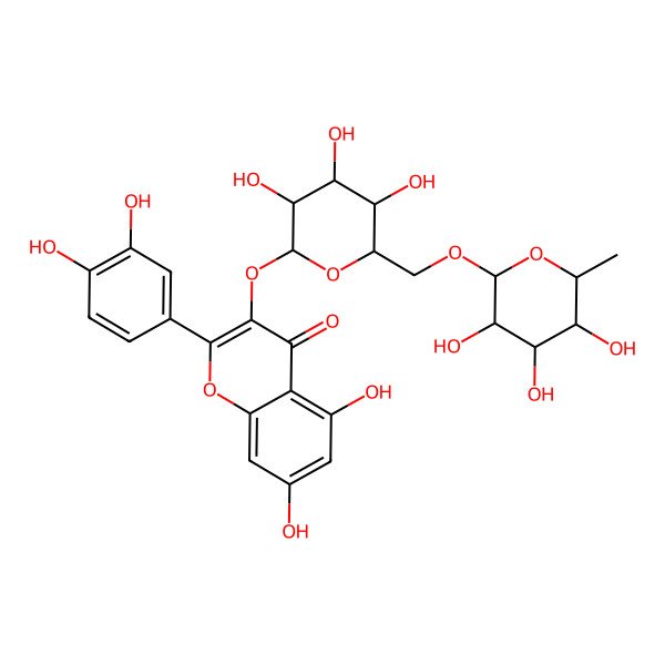 2D Structure of 2-(3,4-dihydroxyphenyl)-5,7-dihydroxy-3-[(2S,3R,4S,5R,6R)-3,4,5-trihydroxy-6-[[(2R,3R,4S,5R,6R)-3,4,5-trihydroxy-6-methyloxan-2-yl]oxymethyl]oxan-2-yl]oxychromen-4-one