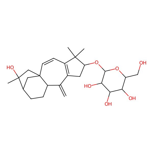 2D Structure of (2R,3R,4S,5R,6R)-2-(hydroxymethyl)-6-[[(6S,10R,13R,14R)-14-hydroxy-5,5,14-trimethyl-9-methylidene-6-tetracyclo[11.2.1.01,10.04,8]hexadeca-2,4(8)-dienyl]oxy]oxane-3,4,5-triol