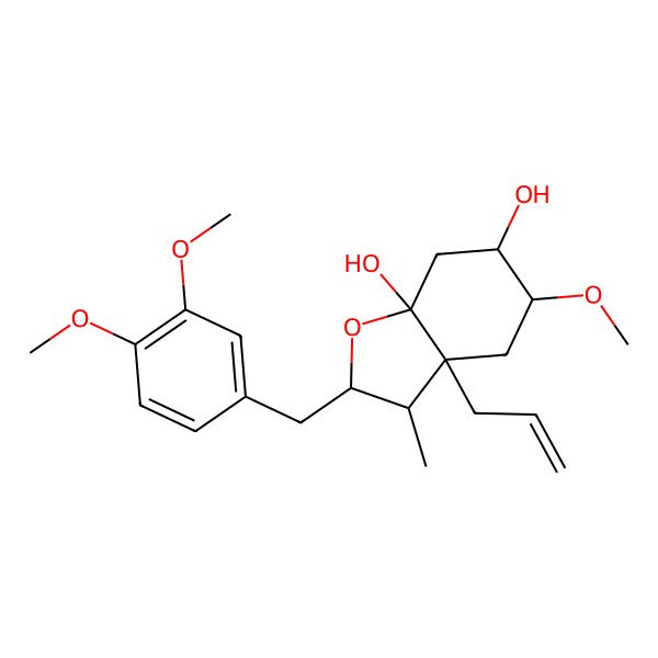 2D Structure of 2-[(3,4-Dimethoxyphenyl)methyl]-5-methoxy-3-methyl-3a-prop-2-enyl-2,3,4,5,6,7-hexahydro-1-benzofuran-6,7a-diol