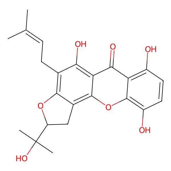 2D Structure of (2S)-5,7,10-trihydroxy-2-(2-hydroxypropan-2-yl)-4-(3-methylbut-2-enyl)-1,2-dihydrofuro[2,3-c]xanthen-6-one