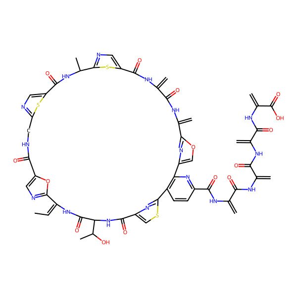 2D Structure of 2-[2-[2-[2-[[17-Ethylidene-14-(1-hydroxyethyl)-31-methyl-38,41-dimethylidene-12,15,22,29,36,39-hexaoxo-43,48-dioxa-9,46,47-trithia-3,13,16,19,23,26,30,33,37,40,45,49-dodecazaheptacyclo[40.2.1.18,11.118,21.125,28.132,35.02,7]nonatetraconta-1(44),2(7),3,5,8(49),10,18,20,25,27,32,34,42(45)-tridecaene-4-carbonyl]amino]prop-2-enoylamino]prop-2-enoylamino]prop-2-enoylamino]prop-2-enoic acid