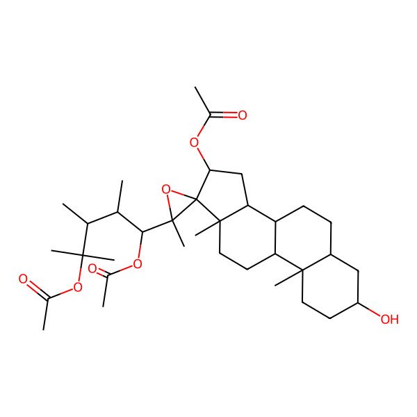 2D Structure of [(3R,3'S,5S,8R,9S,10S,13S,14S,16S,17R)-3'-[(1R,2S,3S)-1,4-diacetyloxy-2,3,4-trimethylpentyl]-3-hydroxy-3',10,13-trimethylspiro[1,2,3,4,5,6,7,8,9,11,12,14,15,16-tetradecahydrocyclopenta[a]phenanthrene-17,2'-oxirane]-16-yl] acetate