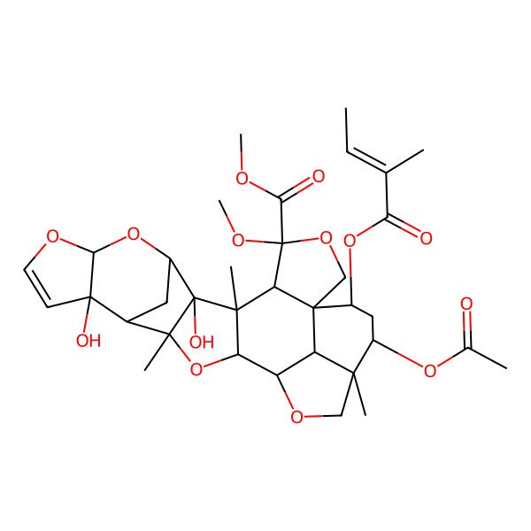2D Structure of methyl (1S,4S,5R,6S,7R,8S,10S,14S,15S,16R,18S,19R,22R,23R,25S,26S)-23-acetyloxy-7,14-dihydroxy-4-methoxy-6,16,22-trimethyl-25-[(E)-2-methylbut-2-enoyl]oxy-3,9,11,17,20-pentaoxaoctacyclo[17.6.1.18,15.01,5.06,18.07,16.010,14.022,26]heptacos-12-ene-4-carboxylate