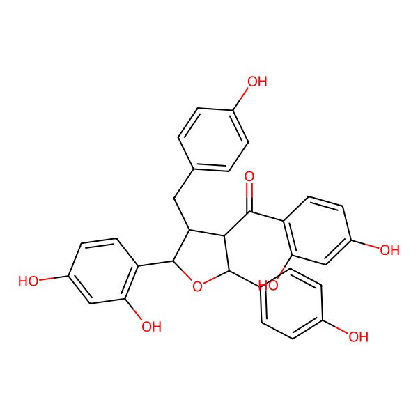 2D Structure of (2,4-Dihydroxyphenyl)-[5-(2,4-dihydroxyphenyl)-2-(4-hydroxyphenyl)-4-[(4-hydroxyphenyl)methyl]oxolan-3-yl]methanone
