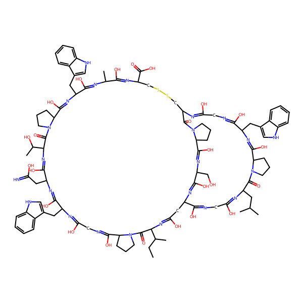 2D Structure of (1S,5S,11S,17S,20S,23S,29S,32S,35S,38R,43R,49S,52S,58S,66S,69S)-5-[(2S)-butan-2-yl]-3,12,15,18,21,30,33,36,45,48,51,60,63,65,68-pentadecahydroxy-23-[(1R)-1-hydroxyethyl]-20-(2-hydroxy-2-iminoethyl)-66-(hydroxymethyl)-17,32,49-tris(1H-indol-3-ylmethyl)-35-methyl-58-(2-methylpropyl)-6,24,57,74-tetraoxo-40,41-dithia-4,7,13,16,19,22,25,31,34,37,44,47,50,56,59,62,64,67,73-nonadecazahexacyclo[41.20.11.07,11.025,29.052,56.069,73]tetraheptaconta-3,12,15,18,21,30,33,36,44,47,50,59,62,64,67-pentadecaene-38-carboxylic acid