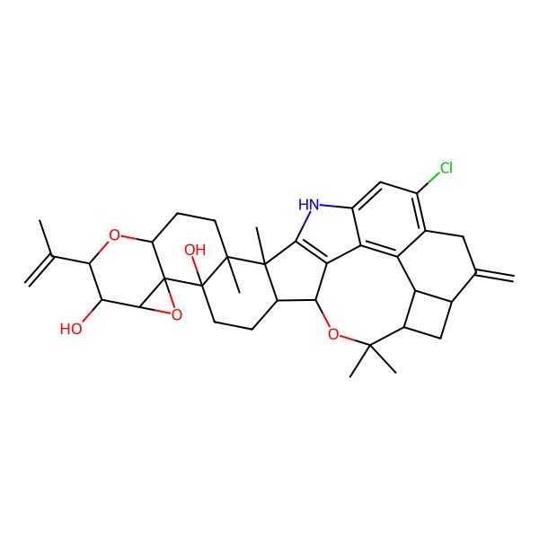 2D Structure of (1S,2R,5S,6R,8S,9R,10R,12R,15S,16R,25R,27S,28S)-21-chloro-15,16,33,33-tetramethyl-24-methylidene-10-prop-1-en-2-yl-7,11,32-trioxa-18-azadecacyclo[25.4.2.02,16.05,15.06,8.06,12.017,31.019,30.022,29.025,28]tritriaconta-17(31),19,21,29-tetraene-5,9-diol