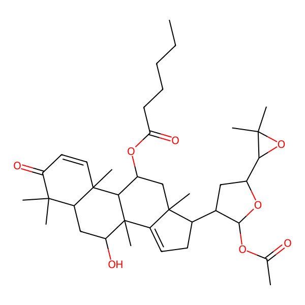 2D Structure of [17-[2-Acetyloxy-5-(3,3-dimethyloxiran-2-yl)oxolan-3-yl]-7-hydroxy-4,4,8,10,13-pentamethyl-3-oxo-5,6,7,9,11,12,16,17-octahydrocyclopenta[a]phenanthren-11-yl] hexanoate