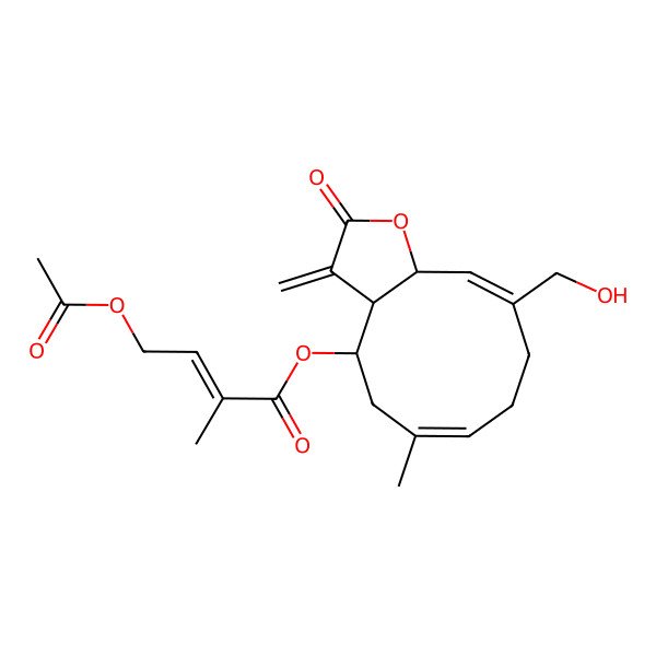 2D Structure of [10-(Hydroxymethyl)-6-methyl-3-methylidene-2-oxo-3a,4,5,8,9,11a-hexahydrocyclodeca[b]furan-4-yl] 4-acetyloxy-2-methylbut-2-enoate