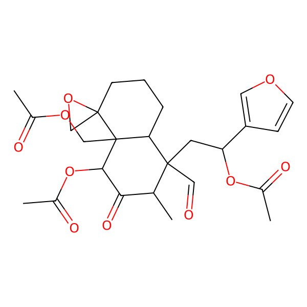 2D Structure of [5-Acetyloxy-8-[2-acetyloxy-2-(furan-3-yl)ethyl]-8-formyl-7-methyl-6-oxospiro[1,2,3,5,7,8a-hexahydronaphthalene-4,2'-oxirane]-4a-yl]methyl acetate