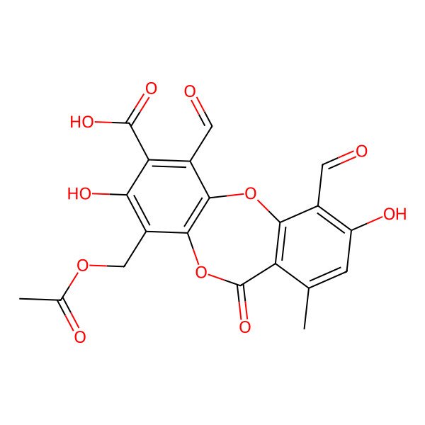 2D Structure of 4-(Acetyloxymethyl)-1,10-diformyl-3,9-dihydroxy-7-methyl-6-oxobenzo[b][1,4]benzodioxepine-2-carboxylic acid