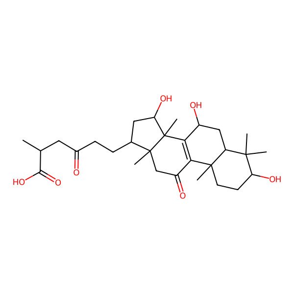 2D Structure of (2S)-2-methyl-4-oxo-6-[(3S,5R,7S,10S,13R,14R,15S,17S)-3,7,15-trihydroxy-4,4,10,13,14-pentamethyl-11-oxo-1,2,3,5,6,7,12,15,16,17-decahydrocyclopenta[a]phenanthren-17-yl]hexanoic acid