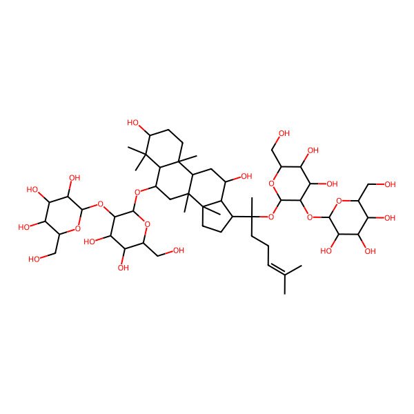 2D Structure of 2-[2-[[17-[2-[4,5-dihydroxy-6-(hydroxymethyl)-3-[3,4,5-trihydroxy-6-(hydroxymethyl)oxan-2-yl]oxyoxan-2-yl]oxy-6-methylhept-5-en-2-yl]-3,12-dihydroxy-4,4,8,10,14-pentamethyl-2,3,5,6,7,9,11,12,13,15,16,17-dodecahydro-1H-cyclopenta[a]phenanthren-6-yl]oxy]-4,5-dihydroxy-6-(hydroxymethyl)oxan-3-yl]oxy-6-(hydroxymethyl)oxane-3,4,5-triol