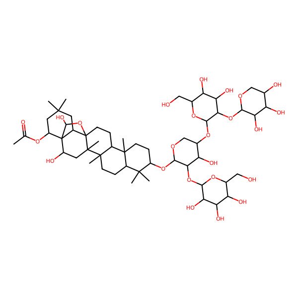 2D Structure of [(1R,2R,4S,5R,8R,10S,13R,14R,17S,18R,22S,23S)-10-[(2S,3R,4S,5S)-5-[(2S,3R,4S,5S,6R)-4,5-dihydroxy-6-(hydroxymethyl)-3-[(2S,3R,4S,5R)-3,4,5-trihydroxyoxan-2-yl]oxyoxan-2-yl]oxy-4-hydroxy-3-[(2S,3R,4S,5S,6R)-3,4,5-trihydroxy-6-(hydroxymethyl)oxan-2-yl]oxyoxan-2-yl]oxy-2,23-dihydroxy-4,5,9,9,13,20,20-heptamethyl-24-oxahexacyclo[15.5.2.01,18.04,17.05,14.08,13]tetracosan-22-yl] acetate