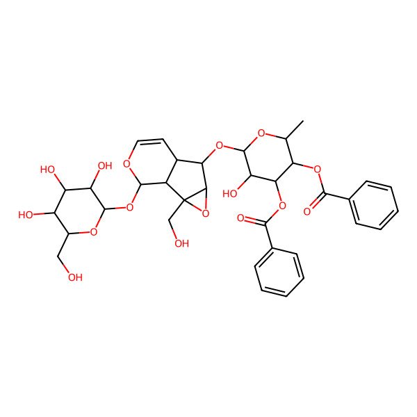 2D Structure of [(2S,3S,4S,5S,6S)-4-benzoyloxy-5-hydroxy-6-[[(2S,4S,5S,10S)-2-(hydroxymethyl)-10-[(2S,3R,4S,5S,6R)-3,4,5-trihydroxy-6-(hydroxymethyl)oxan-2-yl]oxy-3,9-dioxatricyclo[4.4.0.02,4]dec-7-en-5-yl]oxy]-2-methyloxan-3-yl] benzoate