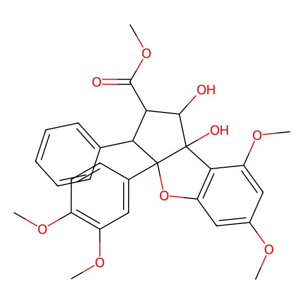 2D Structure of methyl 3a-(3,4-dimethoxyphenyl)-1,8b-dihydroxy-6,8-dimethoxy-3-phenyl-2,3-dihydro-1H-cyclopenta[b][1]benzofuran-2-carboxylate