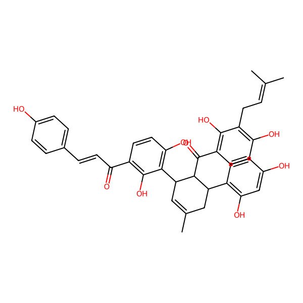 2D Structure of (2E)-1-[3-[(1R,5R,6S)-6-[2,4-Dihydroxy-3-(3-methyl-2-buten-1-yl)benzoyl]-5-(2,4-dihydroxyphenyl)-3-methyl-2-cyclohexen-1-yl]-2,4-dihydroxyphenyl]-3-(4-hydroxyphenyl)-2-propen-1-one