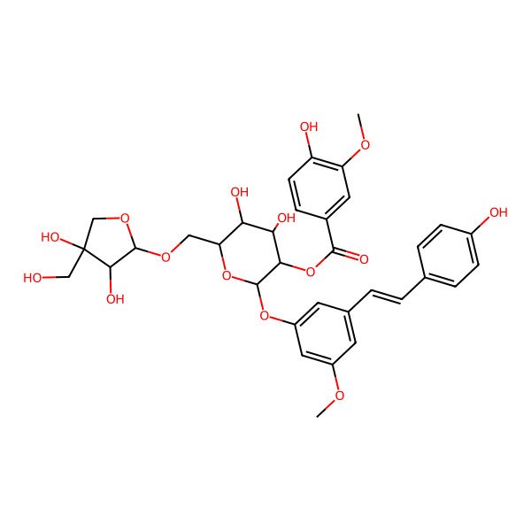 2D Structure of [6-[[3,4-Dihydroxy-4-(hydroxymethyl)oxolan-2-yl]oxymethyl]-4,5-dihydroxy-2-[3-[2-(4-hydroxyphenyl)ethenyl]-5-methoxyphenoxy]oxan-3-yl] 4-hydroxy-3-methoxybenzoate