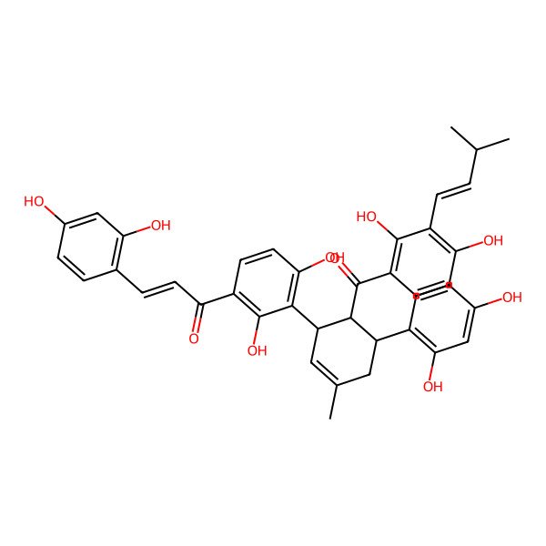 2D Structure of (2E)-1-[3-[(1S,5S,6R)-6-[2,4-Dihydroxy-3-[(1E)-3-methyl-1-buten-1-yl]benzoyl]-5-(2,4-dihydroxyphenyl)-3-methyl-2-cyclohexen-1-yl]-2,4-dihydroxyphenyl]-3-(2,4-dihydroxyphenyl)-2-propen-1-one