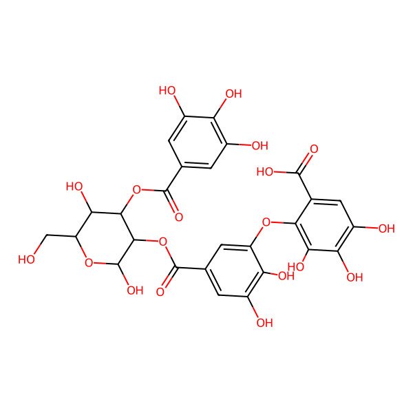 2D Structure of 2-[5-[(2R,4S,5R)-2,5-dihydroxy-6-(hydroxymethyl)-4-(3,4,5-trihydroxybenzoyl)oxyoxan-3-yl]oxycarbonyl-2,3-dihydroxyphenoxy]-3,4,5-trihydroxybenzoic acid