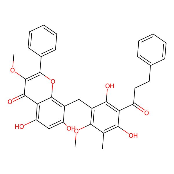 2D Structure of 8-[[2,4-Dihydroxy-6-methoxy-5-methyl-3-(3-phenylpropanoyl)phenyl]methyl]-5,7-dihydroxy-3-methoxy-2-phenylchromen-4-one