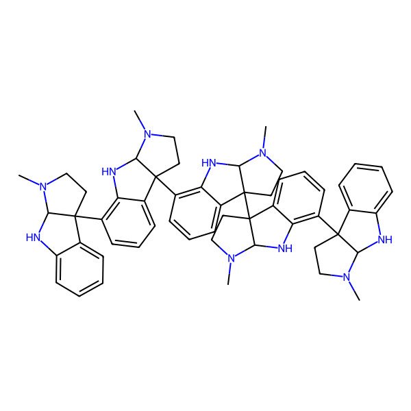2D Structure of (3aR,8bR)-5-[(3aS,8bS)-5-[(3aR,8bS)-3-methyl-1,2,3a,4-tetrahydropyrrolo[2,3-b]indol-8b-yl]-3-methyl-1,2,3a,4-tetrahydropyrrolo[2,3-b]indol-8b-yl]-8b-[(3aR,8bR)-5-[(3aS,8bS)-3-methyl-1,2,3a,4-tetrahydropyrrolo[2,3-b]indol-8b-yl]-3-methyl-1,2,3a,4-tetrahydropyrrolo[2,3-b]indol-8b-yl]-3-methyl-1,2,3a,4-tetrahydropyrrolo[2,3-b]indole