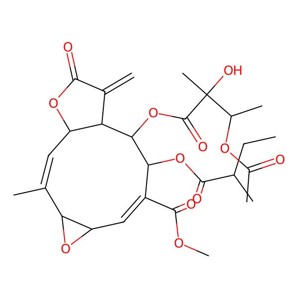2D Structure of methyl (1R,2E,4S,6R,7E,9S,10S,11R)-10-[(2S,3S)-3-acetyloxy-2-hydroxy-2-methylbutanoyl]oxy-3-methyl-9-[(2R)-2-methylbutanoyl]oxy-12-methylidene-13-oxo-5,14-dioxatricyclo[9.3.0.04,6]tetradeca-2,7-diene-8-carboxylate