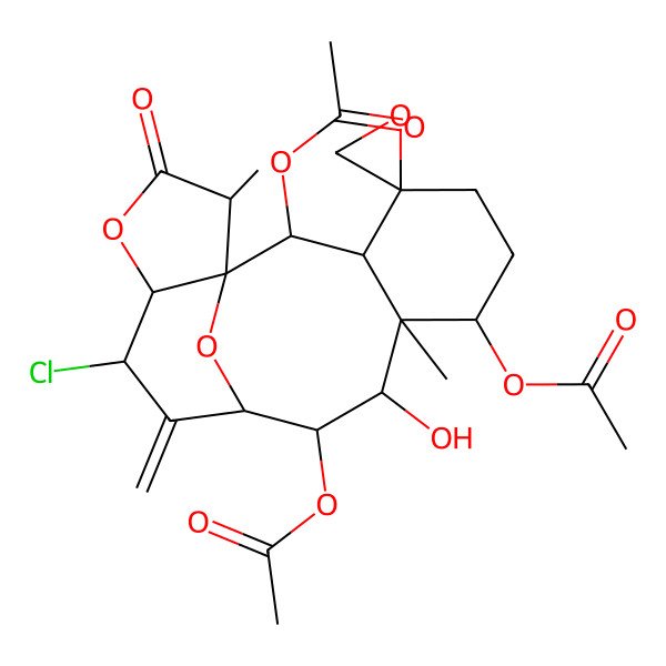 2D Structure of (2,10-Diacetyloxy-13-chloro-9-hydroxy-8,17-dimethyl-12-methylidene-16-oxospiro[15,18-dioxatetracyclo[9.6.1.01,14.03,8]octadecane-4,2'-oxirane]-7-yl) acetate