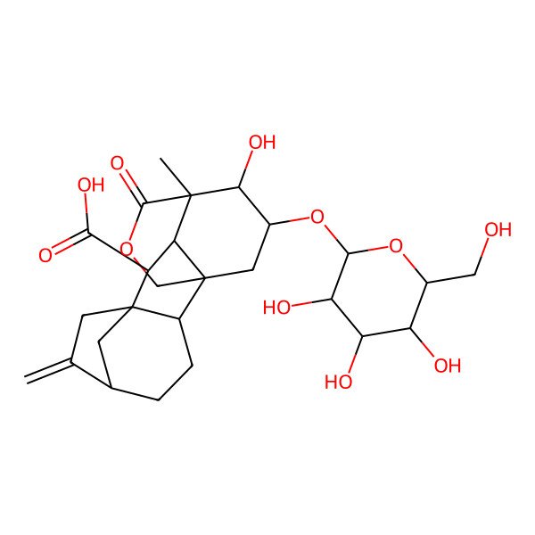 2D Structure of 17-Hydroxy-11-methyl-6-methylidene-12-oxo-16-[3,4,5-trihydroxy-6-(hydroxymethyl)oxan-2-yl]oxy-13-oxapentacyclo[9.3.3.15,8.01,10.02,8]octadecane-9-carboxylic acid