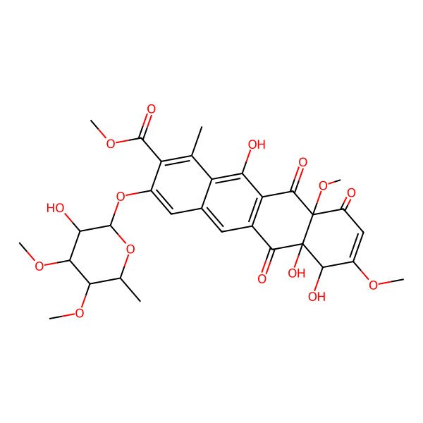 2D Structure of methyl 6a,7,12-trihydroxy-3-(3-hydroxy-4,5-dimethoxy-6-methyloxan-2-yl)oxy-8,10a-dimethoxy-1-methyl-6,10,11-trioxo-7H-tetracene-2-carboxylate