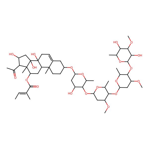 2D Structure of [(3S,8S,9R,10R,12R,13S,14R,16R,17R)-17-acetyl-3-[(2R,4S,5S,6R)-5-[(2S,4S,5R,6R)-5-[(2S,4R,5R,6R)-5-[(2S,3R,4S,5R,6R)-3,5-dihydroxy-4-methoxy-6-methyloxan-2-yl]oxy-4-methoxy-6-methyloxan-2-yl]oxy-4-methoxy-6-methyloxan-2-yl]oxy-4-hydroxy-6-methyloxan-2-yl]oxy-8,14,16-trihydroxy-10,13-dimethyl-2,3,4,7,9,11,12,15,16,17-decahydro-1H-cyclopenta[a]phenanthren-12-yl] (E)-2-methylbut-2-enoate