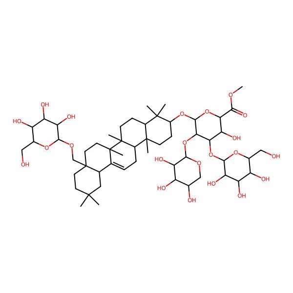2D Structure of methyl (2S,3S,4S,5R,6R)-6-[[(3S,4aR,6aR,6bS,8aS,12aS,14aR,14bR)-4,4,6a,6b,11,11,14b-heptamethyl-8a-[[(2R,3R,4S,5S,6R)-3,4,5-trihydroxy-6-(hydroxymethyl)oxan-2-yl]oxymethyl]-1,2,3,4a,5,6,7,8,9,10,12,12a,14,14a-tetradecahydropicen-3-yl]oxy]-3-hydroxy-4-[(2S,3R,4S,5R,6R)-3,4,5-trihydroxy-6-(hydroxymethyl)oxan-2-yl]oxy-5-[(2S,3R,4S,5R)-3,4,5-trihydroxyoxan-2-yl]oxyoxane-2-carboxylate