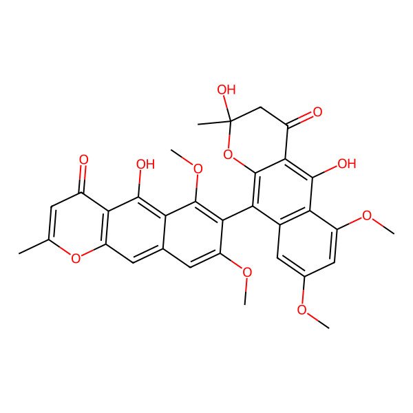 2D Structure of 7-[(2S)-2,5-dihydroxy-6,8-dimethoxy-2-methyl-4-oxo-3H-benzo[g]chromen-10-yl]-5-hydroxy-6,8-dimethoxy-2-methylbenzo[g]chromen-4-one
