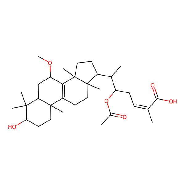 2D Structure of (E,5S,6S)-5-acetyloxy-6-[(3R,5R,7R,10S,13R,14R,17R)-3-hydroxy-7-methoxy-4,4,10,13,14-pentamethyl-2,3,5,6,7,11,12,15,16,17-decahydro-1H-cyclopenta[a]phenanthren-17-yl]-2-methylhept-2-enoic acid