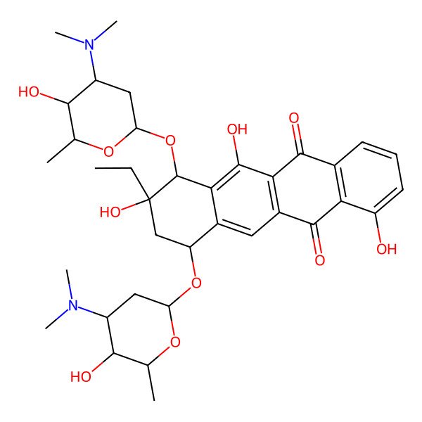 2D Structure of (7S,9R,10S)-7-[(2S,4S,5S,6S)-4-(dimethylamino)-5-hydroxy-6-methyloxan-2-yl]oxy-10-[(2S,4R,5S,6S)-4-(dimethylamino)-5-hydroxy-6-methyloxan-2-yl]oxy-9-ethyl-4,9,11-trihydroxy-8,10-dihydro-7H-tetracene-5,12-dione