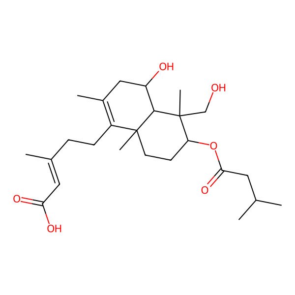2D Structure of 5-[4-Hydroxy-5-(hydroxymethyl)-2,5,8a-trimethyl-6-(3-methylbutanoyloxy)-3,4,4a,6,7,8-hexahydronaphthalen-1-yl]-3-methylpent-2-enoic acid