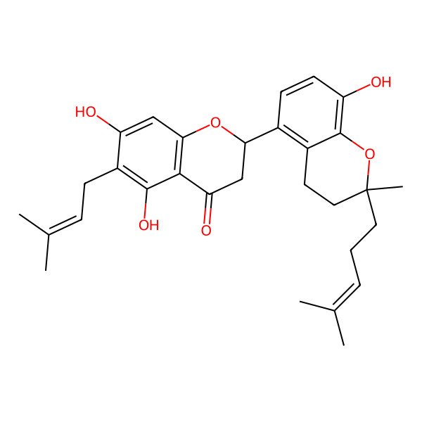 2D Structure of 5,7-Dihydroxy-2-[8-hydroxy-2-methyl-2-(4-methylpent-3-enyl)-3,4-dihydrochromen-5-yl]-6-(3-methylbut-2-enyl)-2,3-dihydrochromen-4-one