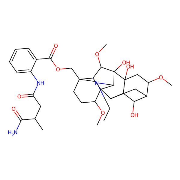 2D Structure of [(1S,2R,3R,4S,5S,6S,8R,9S,10S,13S,16S,17R,18S)-11-ethyl-4,8,9-trihydroxy-6,16,18-trimethoxy-11-azahexacyclo[7.7.2.12,5.01,10.03,8.013,17]nonadecan-13-yl]methyl 2-[[(3R)-4-amino-3-methyl-4-oxobutanoyl]amino]benzoate