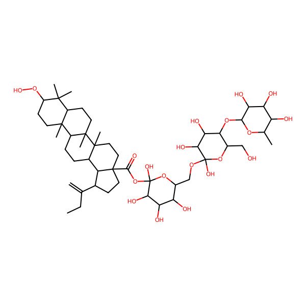 2D Structure of [(2R,3S,5S)-2,3,4,5-tetrahydroxy-6-[[(2S,3S,5S)-2,3,4-trihydroxy-6-(hydroxymethyl)-5-[(3S,4S,5S,6R)-3,4,5-trihydroxy-6-methyloxan-2-yl]oxyoxan-2-yl]oxymethyl]oxan-2-yl] (1R,3aS,5aR,5bR,7aR,9R,11aR,11bR,13aR,13bR)-1-but-1-en-2-yl-9-hydroperoxy-5a,5b,8,8,11a-pentamethyl-1,2,3,4,5,6,7,7a,9,10,11,11b,12,13,13a,13b-hexadecahydrocyclopenta[a]chrysene-3a-carboxylate